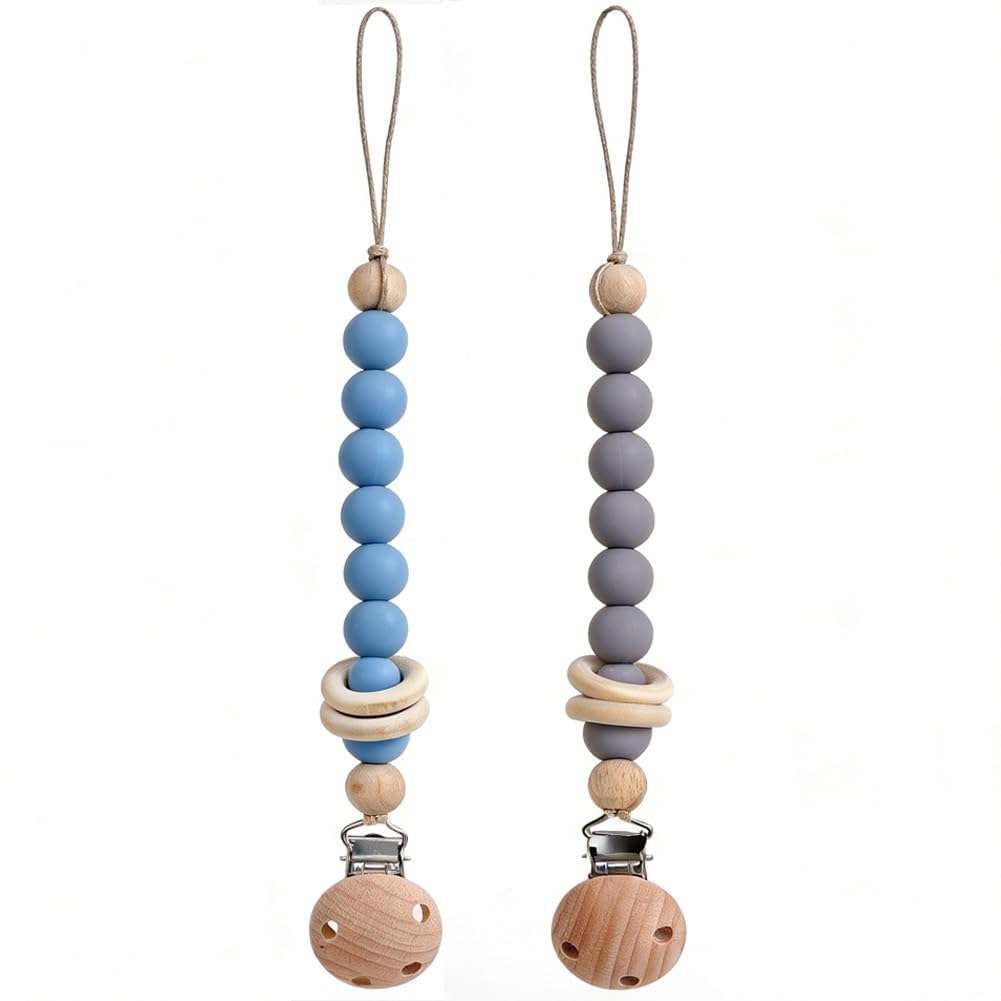 2Pcs Silicone Pacifier Clip with Natural Wooden Rings, Grey and Blue Pacifier Holder Binky Clips for Baby Boys (Blue)