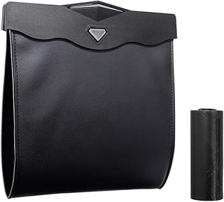 XSUPER Hanging Car Trash Can with Smart LED, Magnetic and Waterproof PU Leather Car Trash Bag, Multipurpose Garbage Can for Back Seat with 15 PCS Disposable Rubbish Bags, Black