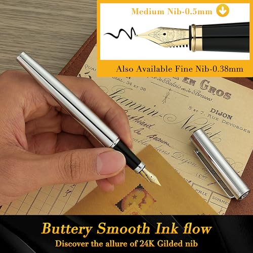 Image of BEILUNER Silver Fountain Pen,Stunning Luxury Pens with Bright Silver Chrome, Gorgeous 24K Gilded Nib(Medium), Fancy Pen Gift for Men&Women -Ink Converter-Elegant, Office,Nice Pen for Writing