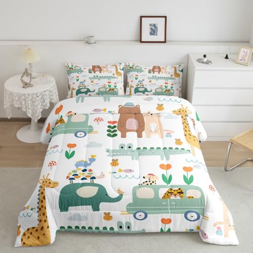 Image of Feelyou Zoo Animals Comforter Set Full Size, Cartoon Elephant Comforter for Kids Boys Girls Crocodile Bedding Set Bear Rabbit Duvet Insert with 2 Pillow Case