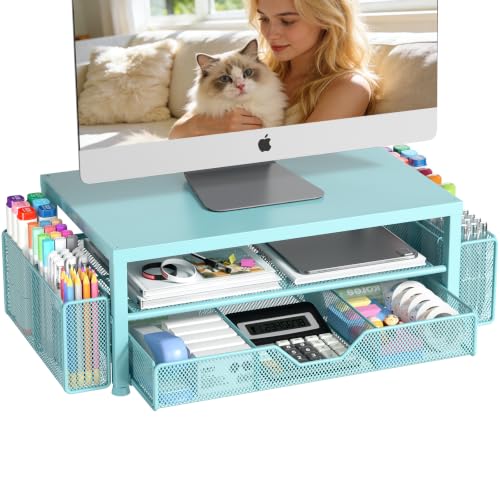 Image of OPNICE Desk Organizers and Accessories, Computer Monitor Stand Riser with Drawer and 2 Pen Holders, Printer & Laptop Stand, Office Desk Accessories & Workspace Organizers for Home Office Supplies, Soft Blue
