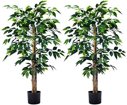 HAIHONG 2Packs 4FT Artificial Ficus Trees with Realistic Leaves and Natural Trunk, Faux Ficus Tree with Sturdy Plastic Nursery Pot, Fake Ficus Tree for Office Home Farmhouse for Indoor Outdoor Decor