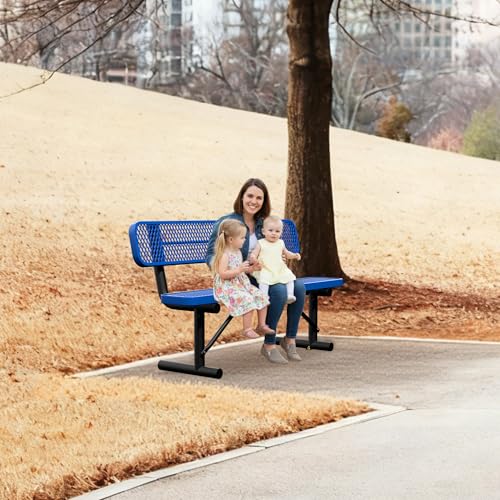Image of 6FT Outdoor Metal Bench Park Benches for Outside, Blue Heavy Duty Long Steel Bench with Back, Commercial Garden Bench Expanded Metal Bench Seat for Lawn, Park, Deck, Garden, Patio, Porch