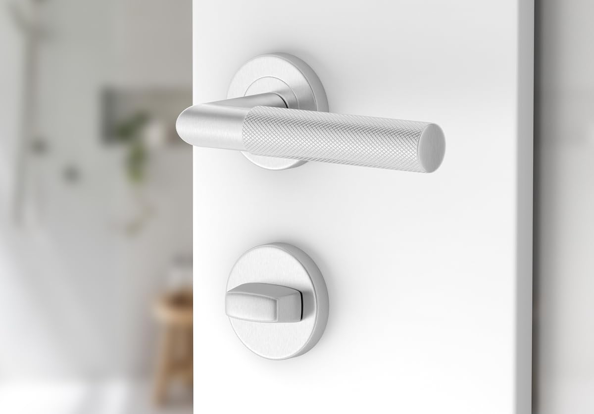 ERGO line BAUHAUS Poignée de porte d'intérieur, acier inoxydable, pour les portes de salle de bains, paire de poignées de porte sur rosaces rondes, garnitures de porte, poignée