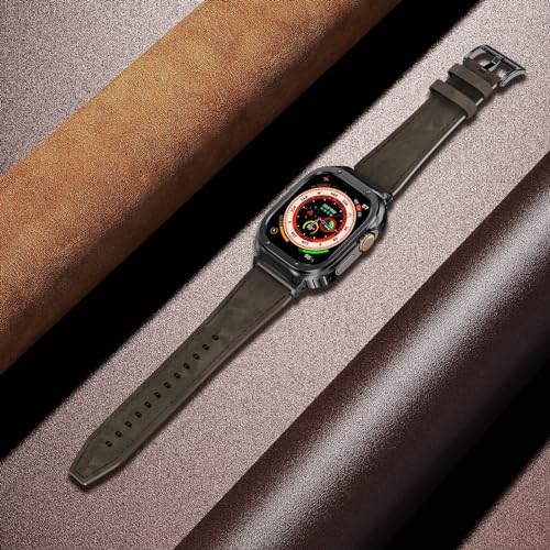 Suplink Metal Case with Leather Watch Strap Compatible Apple Watch Straps 45mm,Stainless Steel Rugged Protector Cover Bumper Genuine Leather Band for iWatch Series 8/7(Coffee/Black,45mm) - Image 3