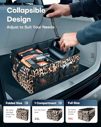 Image of HOTOR Trunk Organizer - Foldable Car Organizer for SUVs & Sedans Storage | Sturdy Car Organization for Men & Women, Car Accessories, Tools, Sundries, Leopard, 2 Compartments, 21.3 inch x 12.6 inch x 10.6 inch