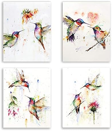 KAIRNE Abstract Birds Art print Watercolor Hummingbirds and Flower Branch Canvas Painting,Set of 4(8"x10") unframed,Nature Wall Art Poster For Living Room Bedroom Office Decoration