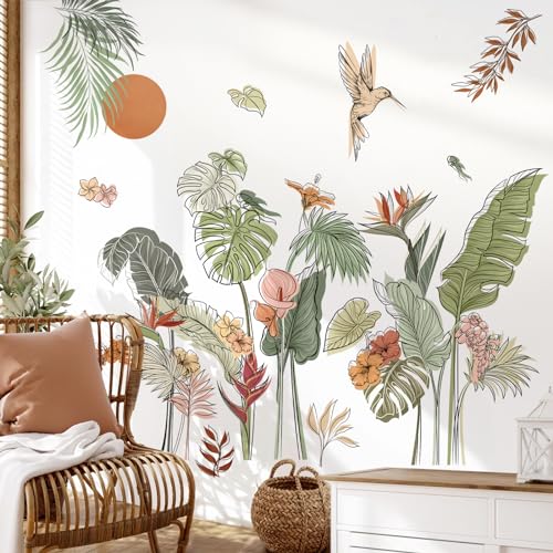 decalmile Stickers Muraux Tropicale Feuilles Fleur Boho Autocollant Mural Floral Feuilles de Palmier Plante Décoration Murale Salon Chambre Bureau
