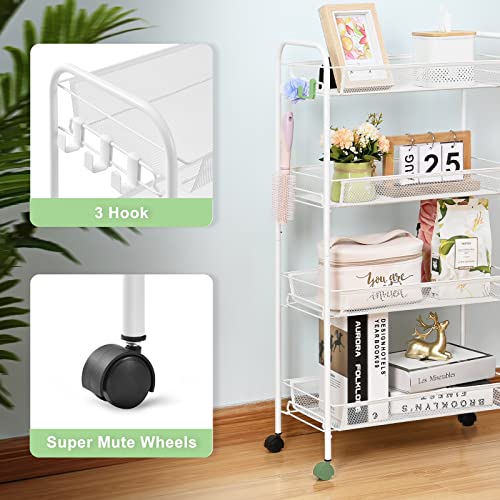Toolf 4-Tier Rolling Cart, Metal Utility Cart With 3 Hooks, Easy Assemble Mobile Storage Trolley On Wheels, Slide Out Shelving Units Kitchen Bathroom Laundry Room #TOP4