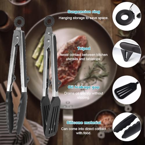 2-Piece Silicone Kitchen Tongs Set - 9-inch Hot Proof Cooking Tongs with Stainless Steel Non-Slip Handle for Frying, Serving & Cooking - Image 3