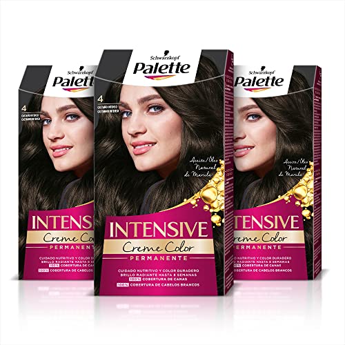 Schwarzkopf Palette Intensive, 3x Creme Color, Tinte 4 cabello Castaño intenso, Óptima cobertura de canas, Coloración permanente de cuidado con aceite de marula, Color hasta 8 semanas