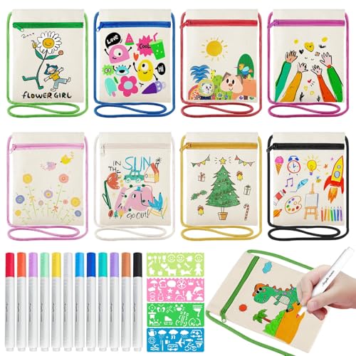 8 Stück Stoffbeutel zum Bemalen für Kinder, Taschen zum Be-malen für Kinder, DIY Kind-er Umhängegeldbeutel mit 12 Farbe Stiften & 4 Malschablonen,Taschen Bemalen Kindergeburtstag für Schule/Party