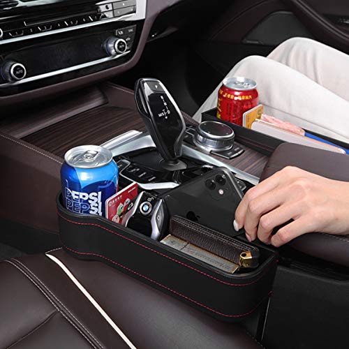 Xergur Car Seat Gap Organizer Front Seat Gap Filler, 1 Pair Multifunctional Car Storage Box with Cup Holder for Driver and Passenger Side - 4 Car Headrest Hooks for Purse Groceries Bag Handbag