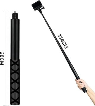 Coverzone Mengene Gidon Montajlı Görünmez Selfie Çubuğu, Insta360 X3, X2, X4, X5, ONE RS, GO 3, One X, Evo ile Uyumlu, Alüminyum Çubuk, 1/4” Vidalı Bağlantı, 360° Görünmez Çekim, MG02, Siyah