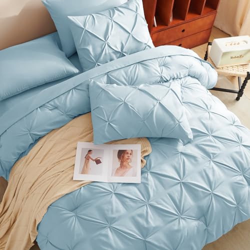 CozyLux Twin XL Comforter Set Light Blue, 5 Pieces Twin Extra Long Pintuck Bed in A Bag for College Dorm, Pinch Pleat Bedding Set with Comforter, Sheets, Pillowcase & Sham