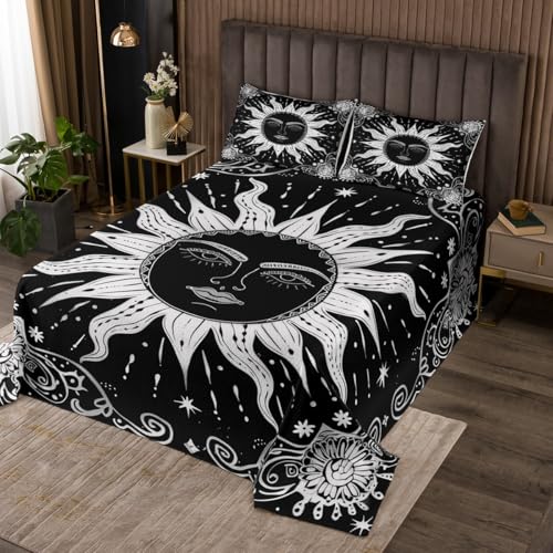 jejeloiu Boys Girls Sun Moon Quilted Coverlet Queen Size, Galaxy Coverlet Set Cosmic Celestial Bedspread Kids Teens Bedroom Decor 3Pcs