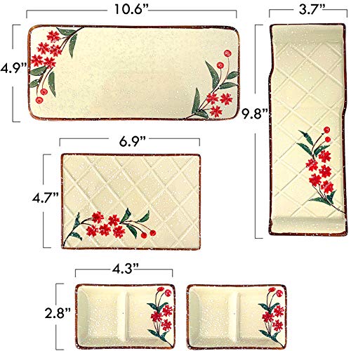 Artcome 11 Piece Japanese Style Ceramic Sushi Plate Dinnerware Set For Wedding Housewarming With 3 Sushi Plates, 2 Sauce Dishes, 2 Side Dish Bowls, 2 Pairs Of Chopsticks, 2 Chopsticks Holders (Red) #TOP1