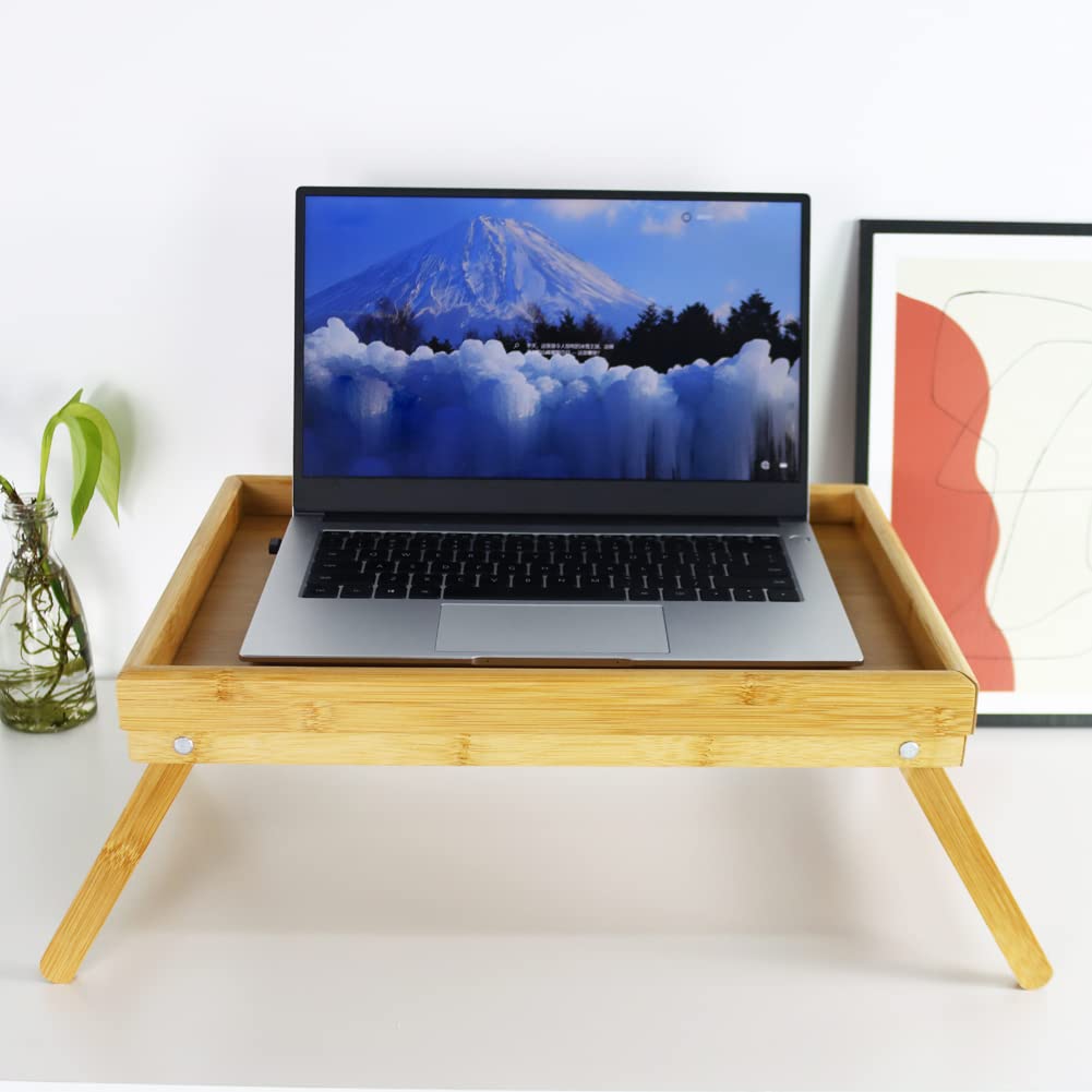 WKWKER Bambus Frühstückstabletts Mit Klappbaren Beinen Portable Bett Tablett Tisch Snack Servierplatten Tablett (Natürlich)