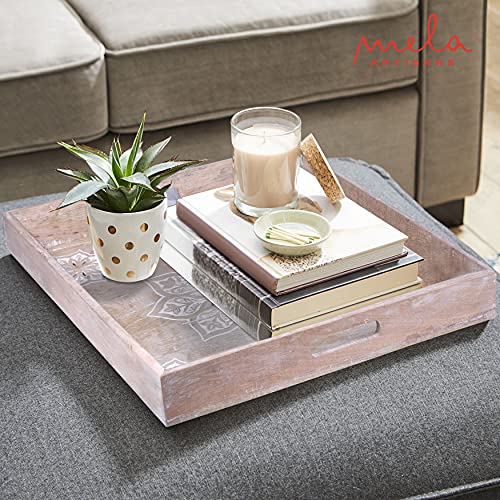 Mela Artisans Tv Ottoman Wooden Serving Tray - Whitewash | Decorative Mango Wood | Rustic Farmhouse Decor | Use To Serve Breakfast In Bed | Transports Food, Coffee And Tea | 19" X 19” X 2.5” #TOP6