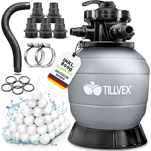 tillvex Sandfilter Pool ohne Pumpe + Filterbälle | Filterkessel Poolfilter inkl. Adapter Ø32-38mm | Sandfilterkessel + 7-Wege-Ventil Manometer & Saugschlauch (Grau Bis 35 m (35.000 Liter) Pools)