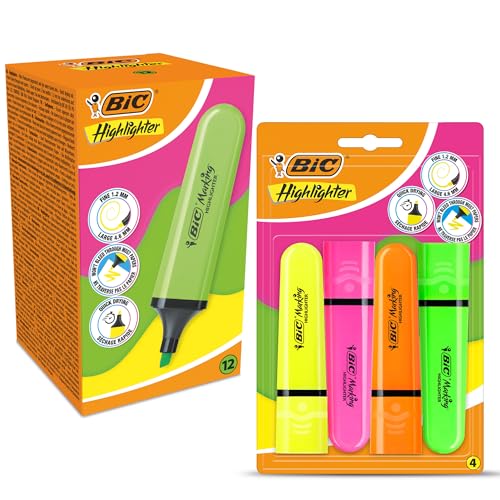 Bic Chisel Tipped Neon Highlighters Pack of 4 With Pastel Flat Neon Green Highlighter Pen Pack of 12, Smooth Ink Quick Dry Value Set for Office, School, and Study Notes
