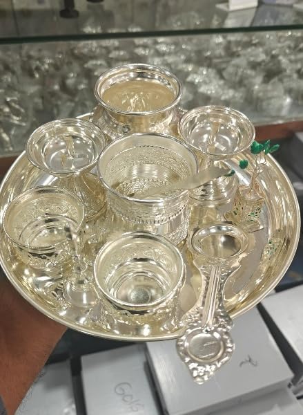 indiancraftsbykanika Pure German Silver Pooja thali Set of 11 Pieces for Housewarming Pooja/Diwali Festival