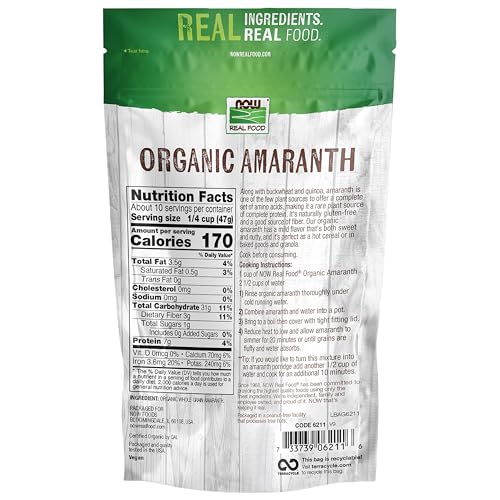 Image of NOW Foods, Organic Amaranth Whole Grain, Source of Protein and Fiber, Gluten-Free, Certified Non-GMO, (Packaging May Vary), 16 Ounce (Pack of 12)