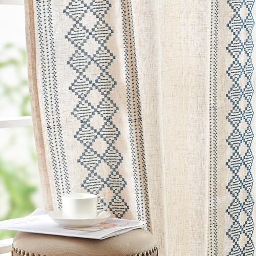 jinchan Boho Curtains Linen Blend Beige Farmhouse Curtains 84 Inches Long for Living Room Blue Square Embroidered Bordered Back Tab Bedroom Window Lig