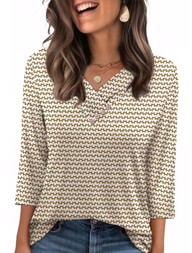 SAMPEEL V Neck Blouses for Women Dressy Casaul 3/4 Length Sleeve Womens Tops Button Down Shirts