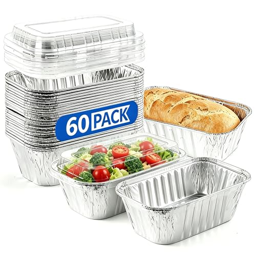 60 Pack Disposable Mini Aluminum Loaf Pans with Chear Lids (6x3.5x2 )1 Lb Foil Loaf Pans Disposable Aluminum Food Containers with Lids Small Aluminum Tin Foil Baking Pan for Cakes Bread Meat