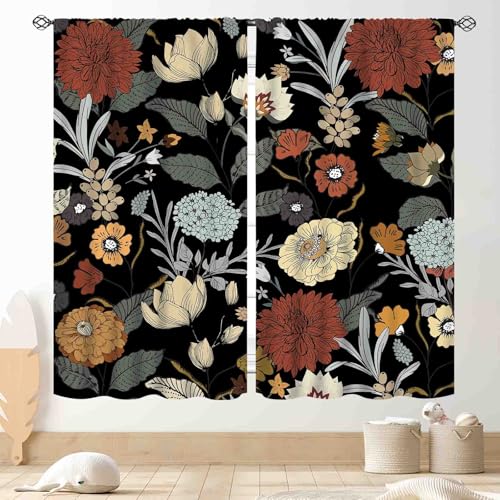 Black Floral Curtains, Boho Tropical Leaves Mandala Vintage Retro Indian
