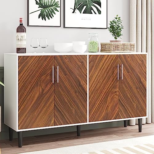 Sideboard Buffet Cabinet, 58’’ Kitchen Buffet Storage Cabinet with 4 Doors, White Sideboards and Buffet with Storage, Mid Century Modern Accent Cabinet Adjustable Shelf, Credenzas for Living Room