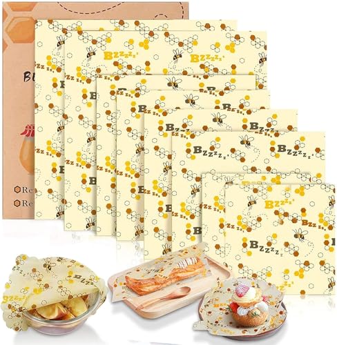 ZPQAODI Envoltorios Cera De Abeja, Envolturas De Alimentos Almacenar Alimento, Envoltorio Cera de Abeja Reutilizable para sandwiches,queso, frutas, verduras y pan (8Pcs, Abejas)