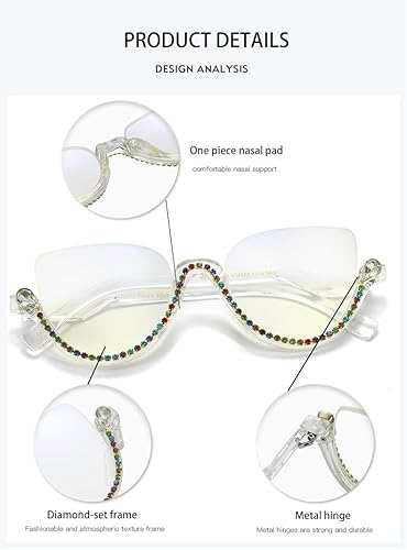 Miniatura 5 de ICARA Lentes de lectura de estilo retro con diamantes brillantes, lentes de lectura transparentes con medio marco ojo de gato brillante