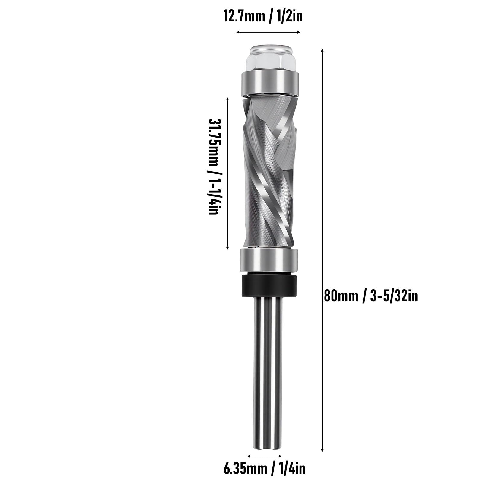 Punta per Fresa con Rifinitura a Filo a Compressione, Gambo da 1/4", Diametro di Taglio da 1/2", Lunghezza di Taglio da -/4", con Cuscinetti Superiori e Inferiori