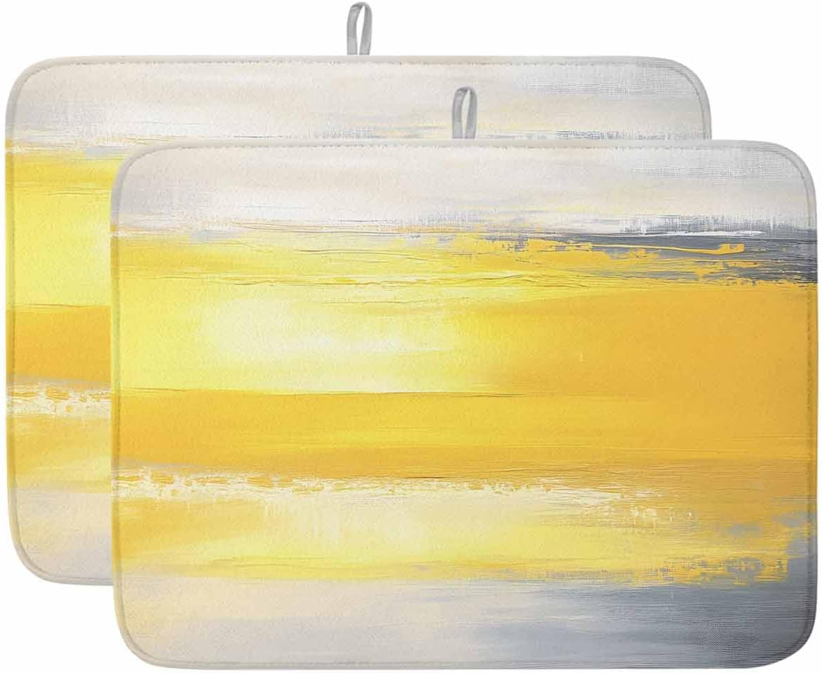 Dish Drying Mat for Kitchen, Abstract Dark Gray Yellow Absorbent Dish Drying Pad, Kitchen Counter Mat for Dishes Utensils Camping, 18"x24"(2 Pcs)