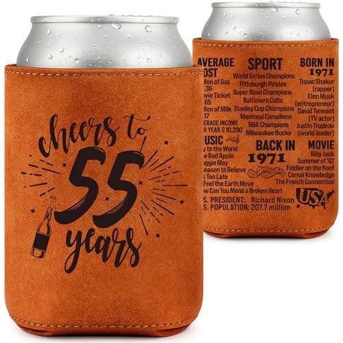 LEJIAJINW 55th Birthday Gift 55 Year Old Birthday Gifts for Men Women, Cheers to 55 Years Vintage 1971 Leather Can Sleeve, Funny 55th Birth Party Decoration Gift for Dad, Mom, Husband, Wife, Grandpa