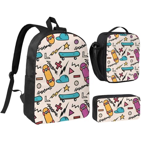 Retro Roller Skates print Backpack Bookbag for Daily Use,3 Pcs Backpack Set with Lunch Box and Pencil Case