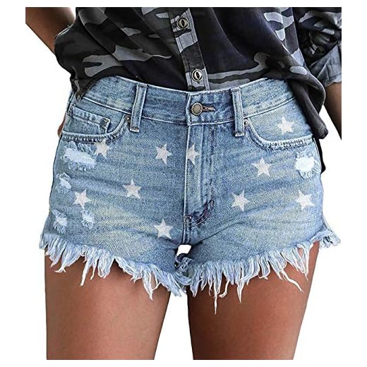 onlypuff Cut Up Shorts for Women Star Denim Shorts Cute Jeans Elastic Waist Shorts Mid Rise Shorts M