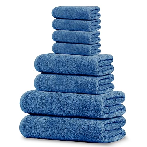 Tens Towels Pack of 8 Towels Set, 2 Extra Large Bath, 2 Hand, 4 Washcloths, 100% Cotton, Lighter Weight, Quicker to Dry, Super Absorbent, Perfect for Bathroom, Blue