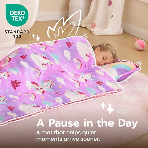Image of JOIEDOMI Toddler Nap Mat with Removable Pillow and Minky Blanket 55''x30'' Kids Sleeping Bag for Boys and Girls Ages 3-6 Roll Up Soft Nap Mats for Preschool Kindergarten Daycare Sleepover