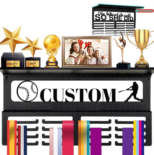 Image of Personalized Medal Holder with Name Display Rack for Awards Ribbons - Metal Custom Sports Race Plaques Hanger for Wall Mount Hold Up 63 Medal Hanger Display for Athlete Boy Girl Kid
