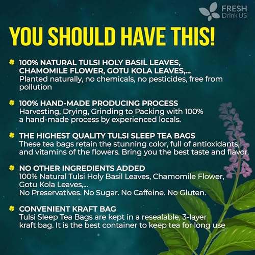 Image of FreshDrinkUS, Tulsi Sleep Tea Bags | 75 Tea Bags | Herbal Blend with Tulsi Holy Basil, Chamomile, Gotu Kola, Ashwagandha & Peppermint | Naturally Caffeine-Free, Relaxing Evening Herbal Tea. Vegan