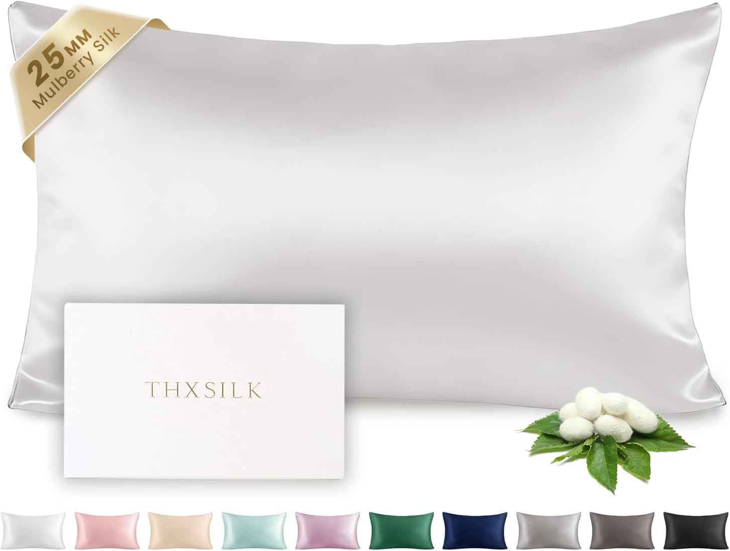THXSILK 100% Silk Pillowcase for Hair and Skin Luxury 25 Momme Mulberry Silk, Pillow Cases with Hidden Zipper - Standard Size, White