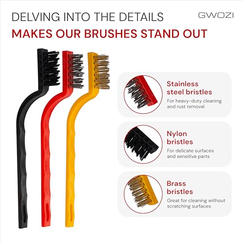 Image of Small Wire Brush 2 Set of 3 Pcs - Wire Brushes for Cleaning Rust, Dirt, Paint - Wire Brushes of Stainless Steel /Nylon /Brass Bristles - Metal Brush for Cleaning Small Parts & Spaces with Curved Handle