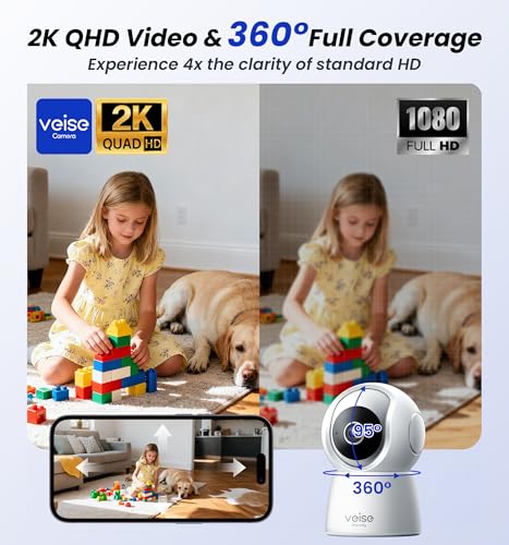 Veise 2K Indoor Camera for Home Security, 360° Wireless WiFi Pet & Baby Monitor with Phone App, AI Motion Detection, 2-Way Audio, Night Vision, SD/Cloud Storage, Works with Alexa & Google Home, 2.4GHz thumbnail 2