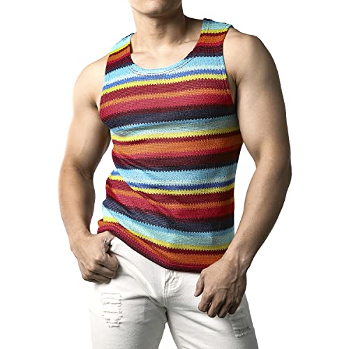 JOGAL Mens Rainbow Striped Sleeveless Shirts Multicolored Casual Tank Tops