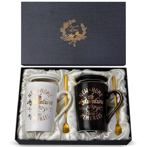 New Home Gifts House Warming Coffee Mugs Gift Set - 14oz Housewarming Present for Couple, Friend, Family, Neighbor, New Homeowners, Unique Black and White Cups with Lid, Greeting Card, Elegantly Boxed
