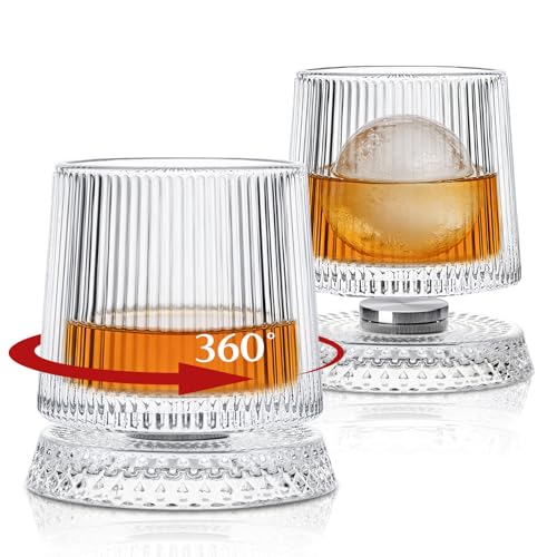 INSETLAN Set di 2 bicchieri da whisky a forma di trotola, 300 ml, rotanti, in cristallo, per scotch, bourbon e cocktail, regalo speciale per uomini (coste)