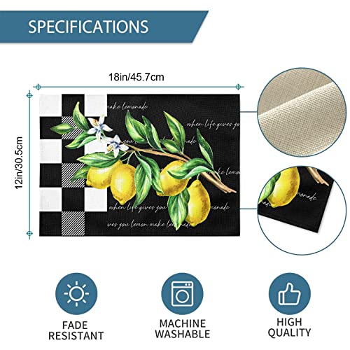 Placemats Set Of 4, Yellow Lemon Non Slip Heat Resistant Linen Fabric Cotton Cloth Place Mats, Buffalo Plaid Black Square Washable Dining Table Mat For Summer Fall Rustic Farmhouse Home Kitchen Decor #TOP5
